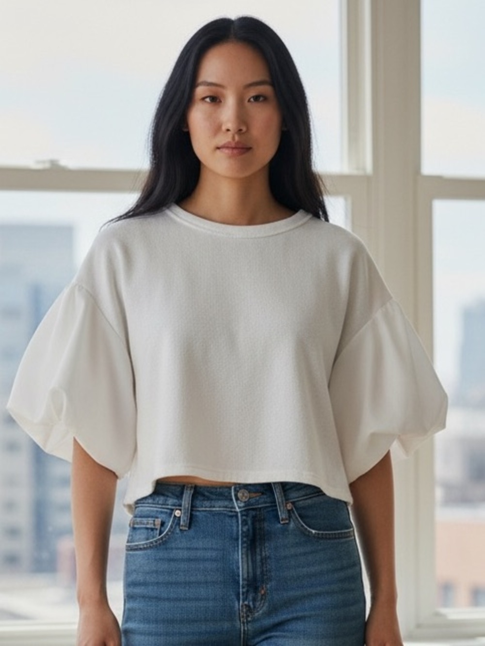 Le Lis White Puff-Sleeve Crop Top